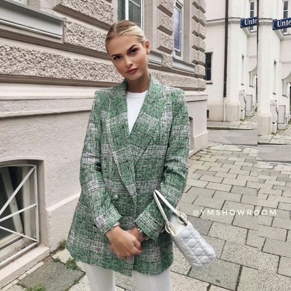 Blogger Fave Zara Green Plaid Tweed Oversized Blazer Jacket Longline Size XS